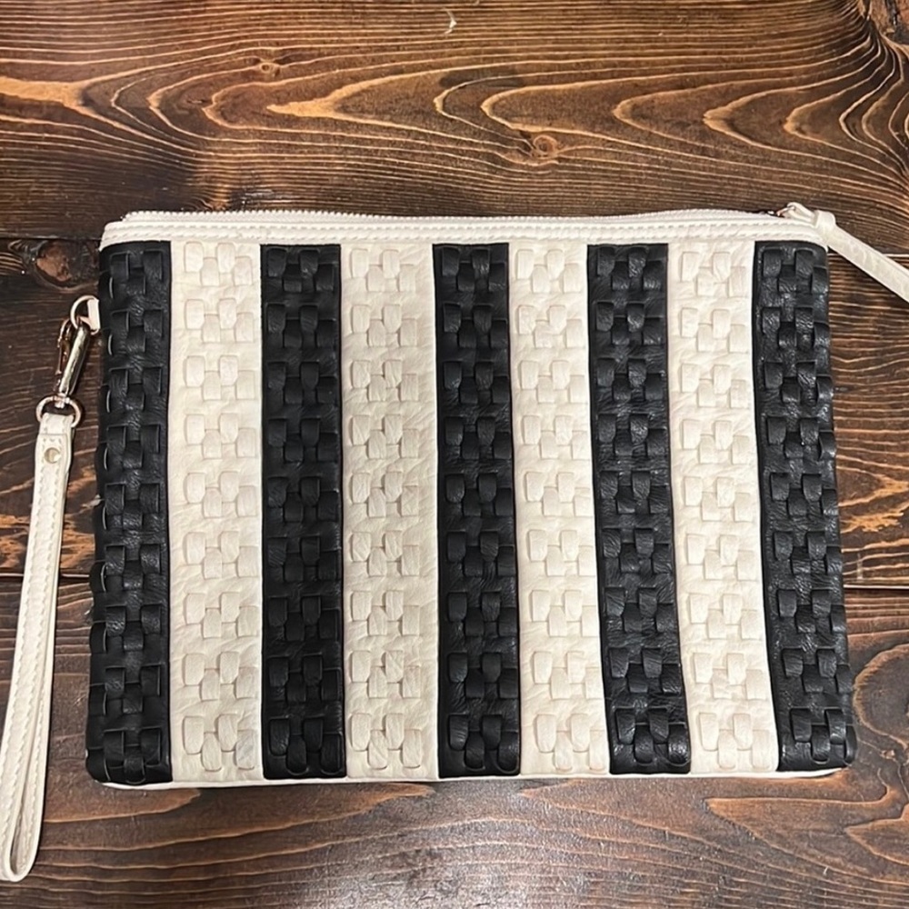 Melie Bianco woven striped clutch